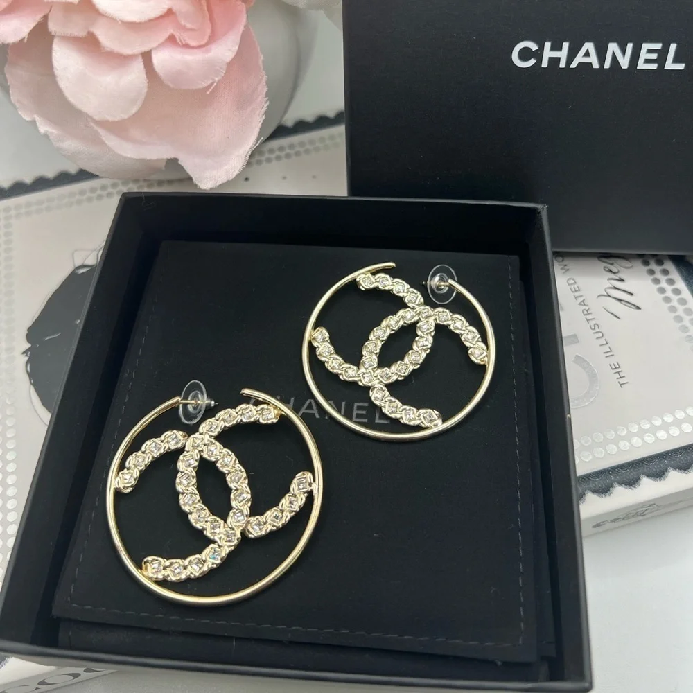 CHANEL Crystal CC Hoop Gold Earrings - Picture 1 of 8